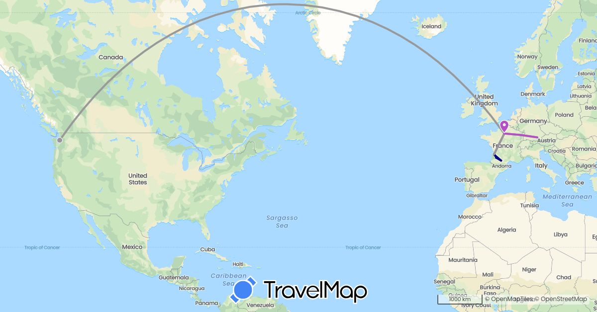 TravelMap itinerary: driving, plane, train in Germany, France, United States (Europe, North America)